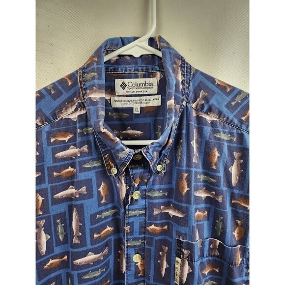 Columbia Mens Shirt Size XL Blue Fish Print Cotton Button Up Long Sleeve Outdoor - Picture 2 of 7